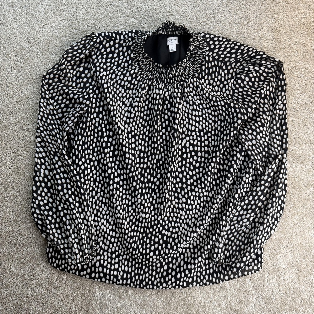 J.Crew Blouse Womens L Black Polka Dot Ruffle Neck Long Sleeve Lined Dressy Top